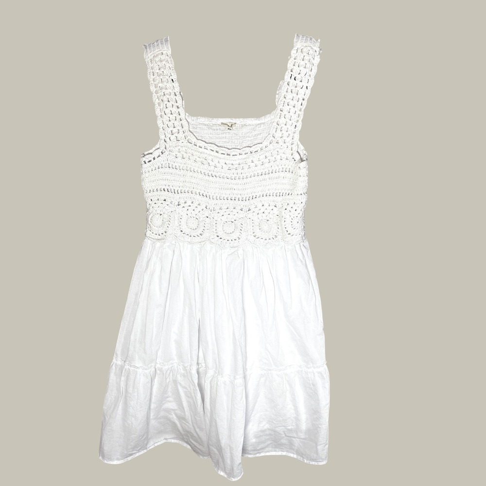 Kings Road White Cotton Crochet Lace Smocked Tiered Midi Dress XL Peasant Boho